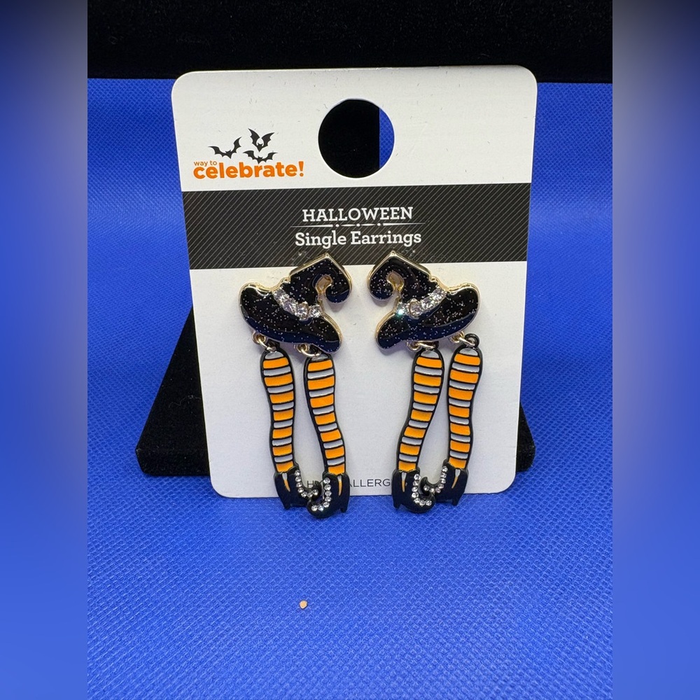 Halloween Witch Hat & Legs Dangle Earrings Orange Black Rhinestone